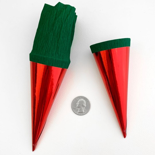 2 Metallic Paper & Crepe Cones from Germany ~ 4-3/4" ~ Red Foil + Green Crepe
